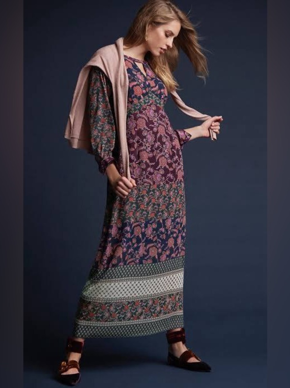 Cabi Sz L Maxi Dress Artsy Long Sleeve Boho Mixed Print floral